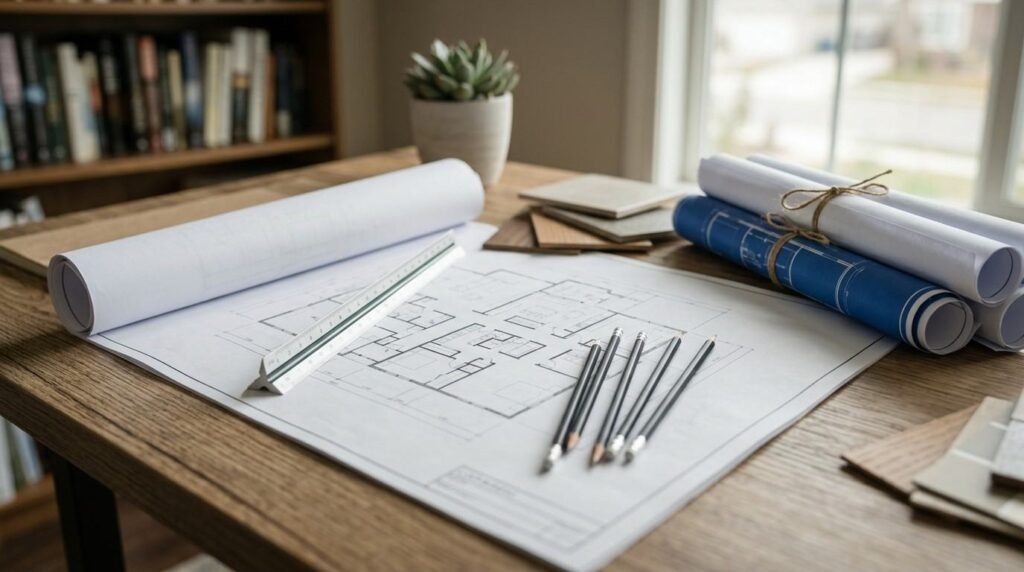 Architect's wooden drafting table displaying detailed ADU floor plan blueprints, an aluminum triangular scale ruler, a set of drafting pencils, rolled white and blue print sets tied with twine, material finish swatches, and a potted succulent next to a bookshelf.