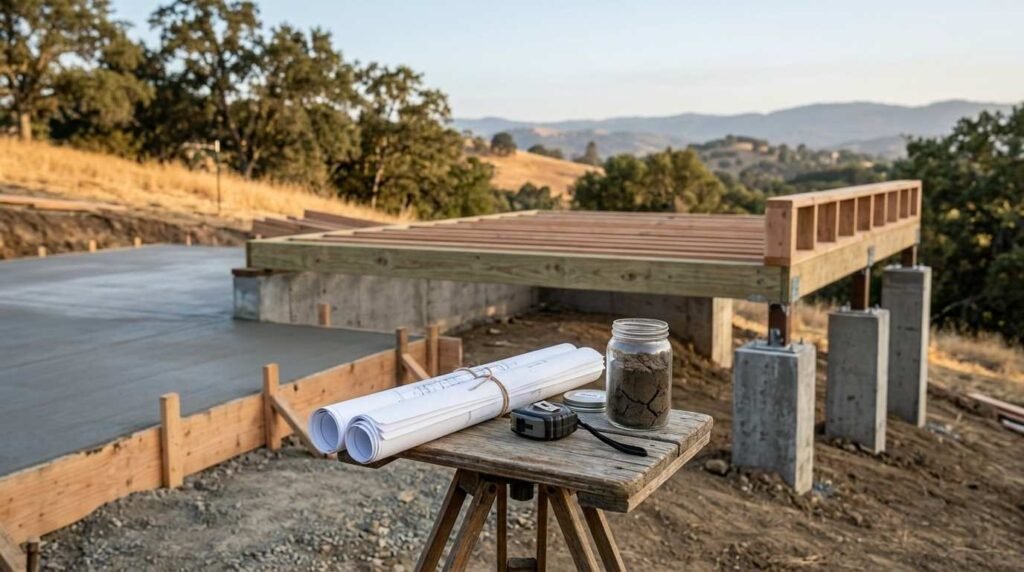 Hillside construction site illustrating ADU foundation options: contrasting a flat poured concrete slab with an elevated pier-and-beam system on concrete footings, complete with rolled schematics and a soil sample jar.
