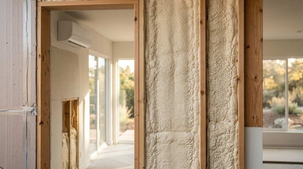 Spray foam insulation applied to timber stud walls with mini-split heat pump for ADU climate control