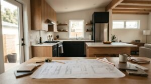 Architectural ADU kitchen layout blueprints and material samples on table with modern kitchen background