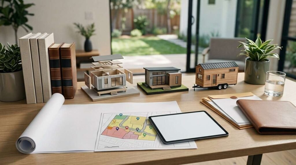 Desk displaying state ADU zoning maps, digital tablet, legal law books, and three architectural models: prefab modular, detached ADU, and tiny home on wheels.