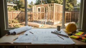 Approved ADU permit blueprints, hard hat, and architectural elevations on desk overlooking backyard wood framing