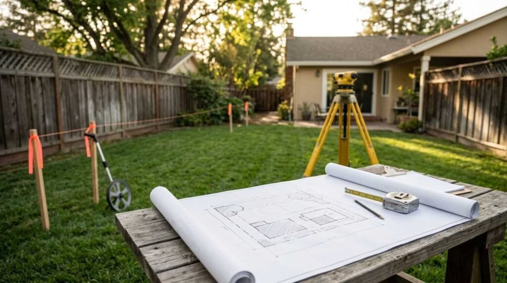 Property boundary survey with blueprints, transit level, and setback boundary stakes for backyard ADU planning
