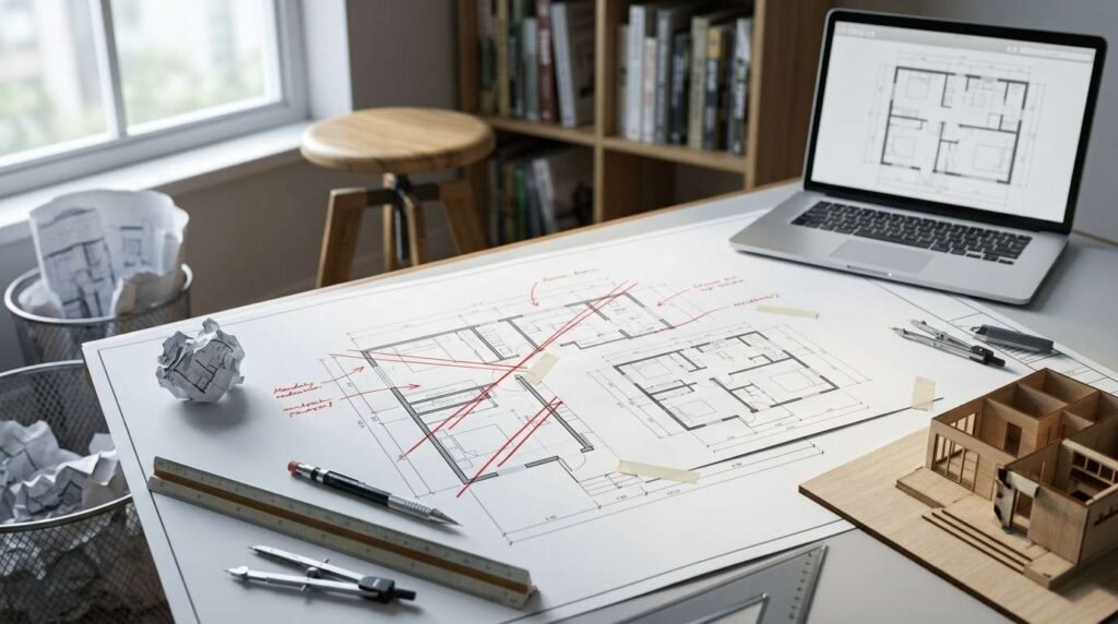 Drafting desk showing ADU floor plans marked with redline size revisions, open laptop with CAD schematics, and a wooden architectural scale model.