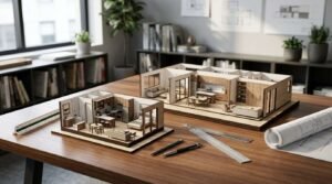 Architectural desk comparing cutaway scale models of a compact studio ADU and an expansive two-bedroom ADU layout alongside blueprints and scale rulers.