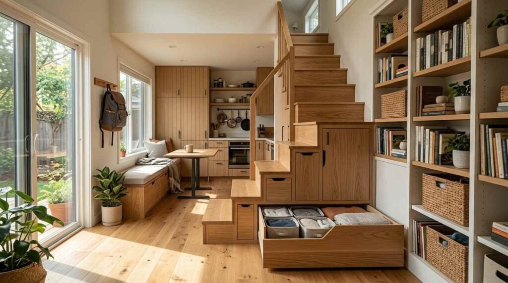 Under-stair storage drawers and built-in bookshelf in a modern compact ADU interior