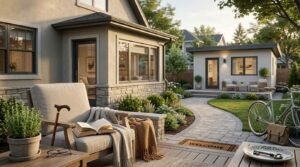 Backyard scene showing an attached primary home patio with senior-accessible armchair and walking cane connected by a stone pathway to a detached modern ADU.