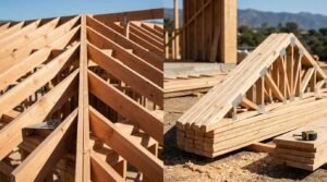 Prefabricated timber roof trusses stacked next to hip roof rafter framing on a new home build