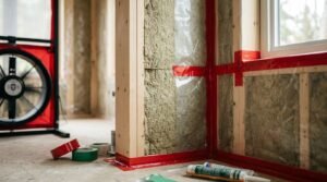 Vapor barrier taped to timber stud wall with rockwool insulation during a blower door airtightness test
