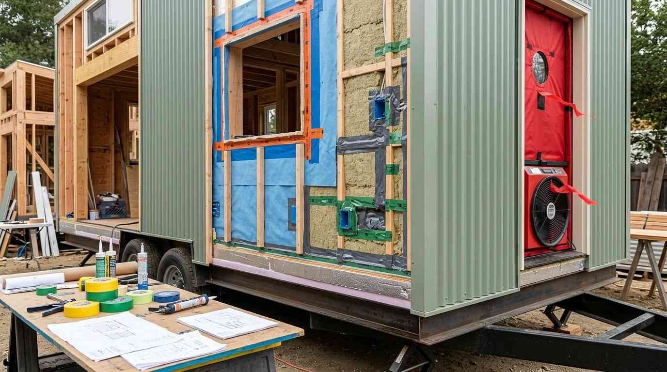 Tiny home envelope showing continuous air sealing, vapor control, insulated steel-floor junction, blower-door testing and ventilated rainscreen details for moisture management.