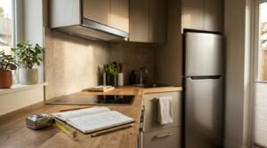 Compact ADU kitchen with stainless steel refrigerator, electric cooktop, and appliance layout sketch on countertop