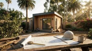 Architectural house plans and hard hat on table overlooking modern wood-sided backyard ADU under palm trees
