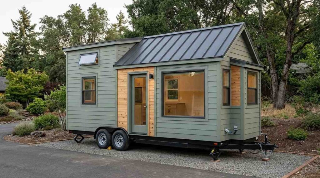 Tiny house on wheels built with lightweight durable materials including steel framing, metal roofing, resilient siding, energy-efficient windows, plywood interiors, and vinyl flooring.