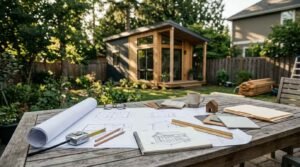 Architectural ADU blueprints, sketch pad, and material samples on outdoor table with backyard studio cabin