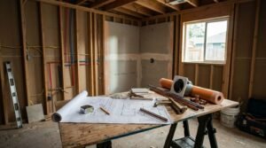 ADU bathroom remodel blueprint, plumbing fixtures, and waterproofing membrane on workbench during framing