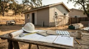 Construction blueprints, hard hat, and fire-resistant siding samples on table at ADU job site