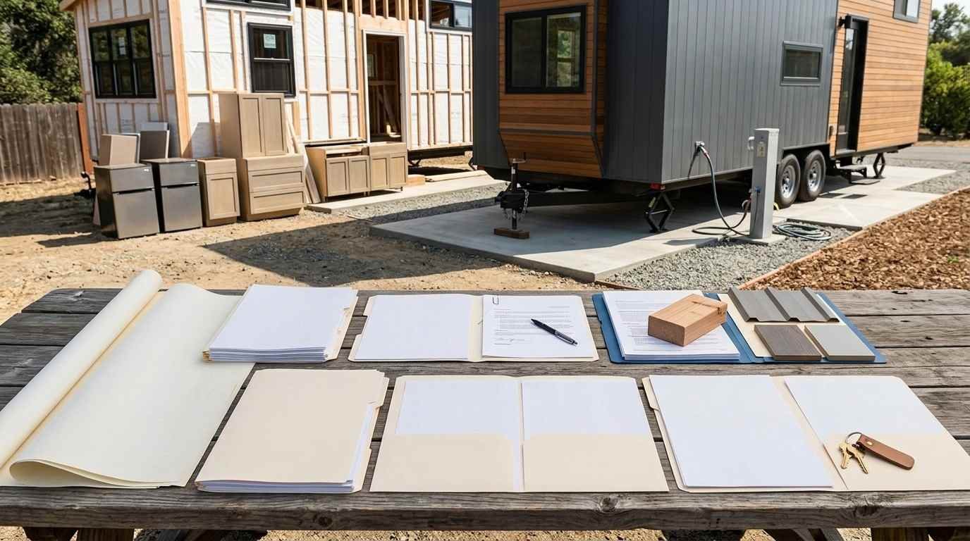 Tiny home financing and insurance planning workspace showing site approval, certification, lender paperwork, builder's risk coverage and permanent insurance arranged in construction sequence.