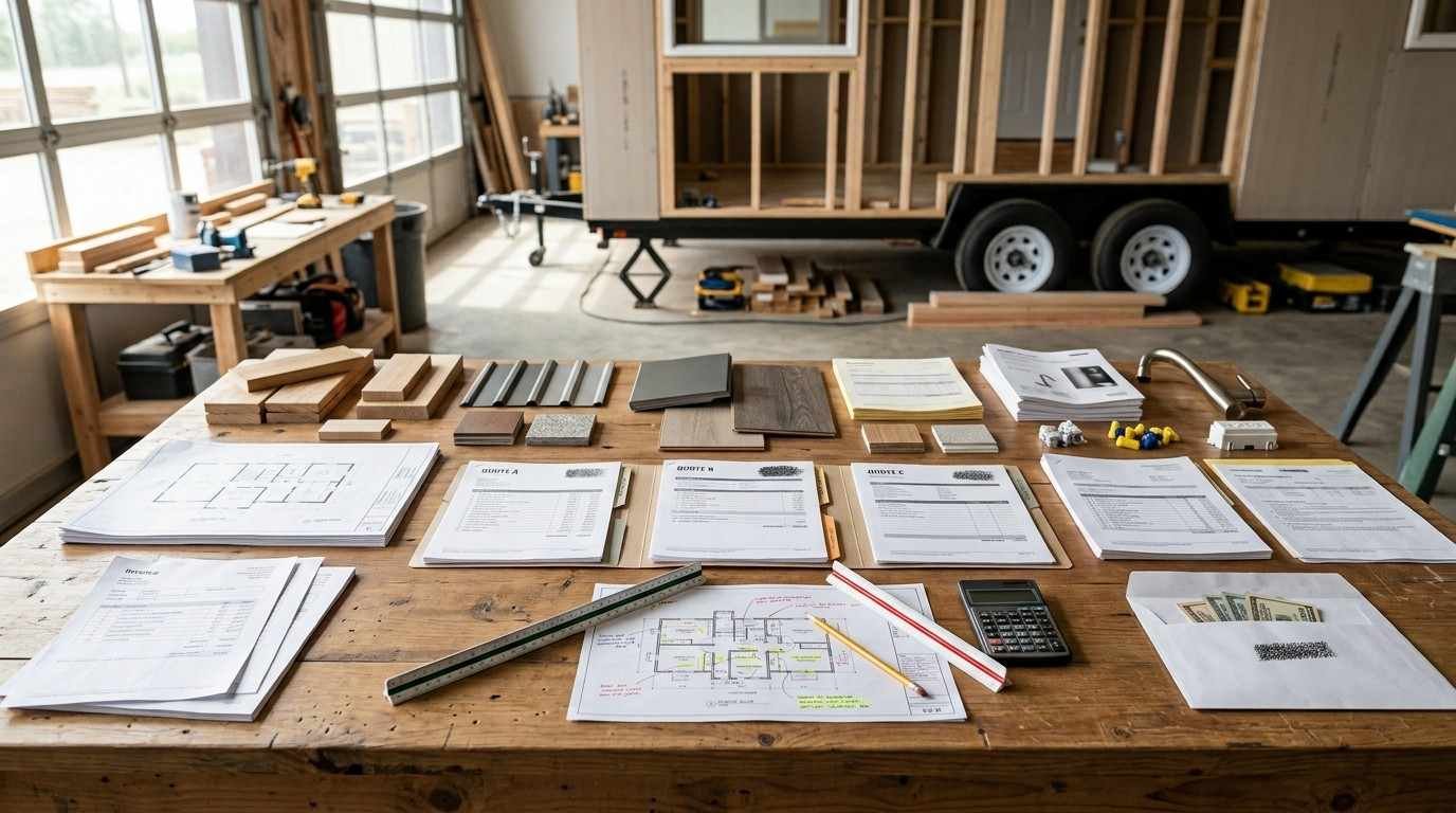 Tiny home construction budget workspace showing organized builder quotes, project documents, material samples and contingency planning for comparing the true all-in cost of a THOW build.