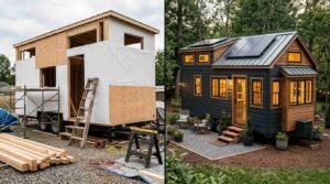 Side-by-side comparison of a DIY tiny house under construction on a trailer versus a finished solar-powered tiny house on wheels