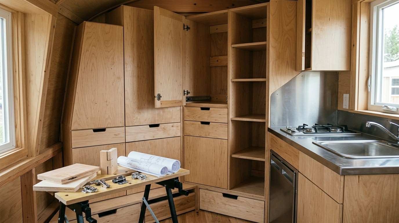 Tiny home with full-height custom cabinetry, toe-kick drawers, plywood cabinet boxes, durable hardware and moisture-resistant millwork secured for road vibration.