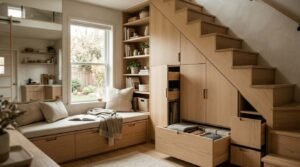 Custom under-stair storage cabinets, pull-out drawers, and built-in window reading bench in modern ADU