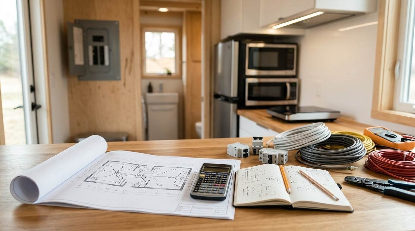 Tiny home electrical planning workspace with wiring diagrams, electrical cables, circuit breakers, a calculator, and a multimeter on a wooden countertop.
