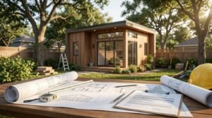 Permit paperwork clipboard, blueprints, and yellow hard hat on table overlooking modern California backyard ADU