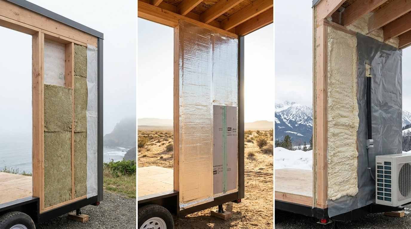 Tiny home wall insulation comparison showing fiberglass, reflective insulation, rigid foam, and spray foam systems for different climates.