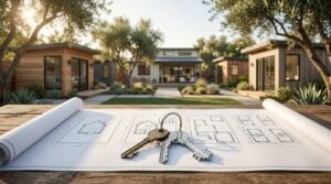 Backyard property overview illustrating California ADU laws: featuring unrolled architectural blueprints and house keys on a wooden table overlooking a primary residence flanked by multiple modern detached backyard cottages.
