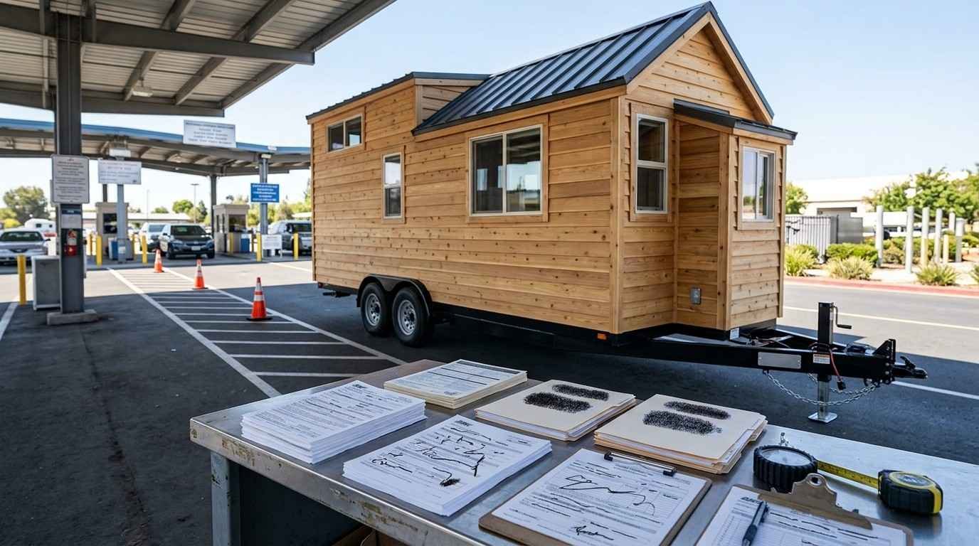 California tiny house on wheels at a vehicle inspection facility with VIN, title, registration, insurance, and financing documents illustrating the separate certification and registration process.