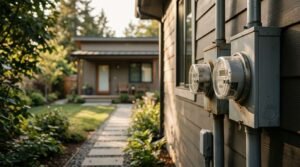 Dual electric utility meters mounted on house exterior overlooking backyard pathway to detached ADU