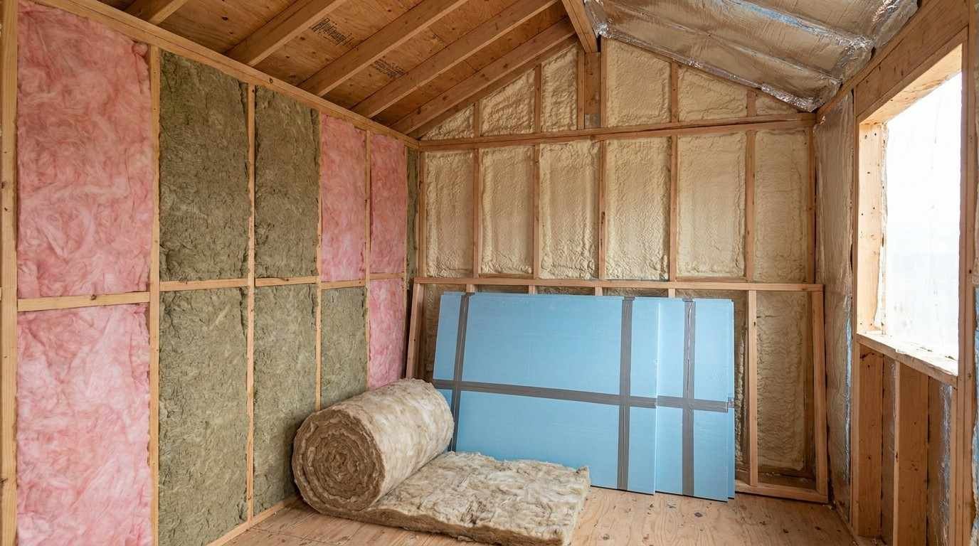 Tiny home interior showing fiberglass, mineral wool, spray foam, and rigid foam insulation installed in the walls and roof.