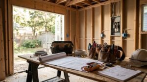 Electrician tool belt, multimeter, and blueprints on a workbench in front of a breaker panel in an ADU under construction