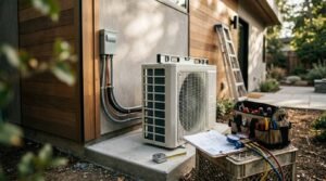 HVAC technician tool bag, manifold gauges, and plans set beside a ductless mini-split outdoor heat pump installation on a concrete pad