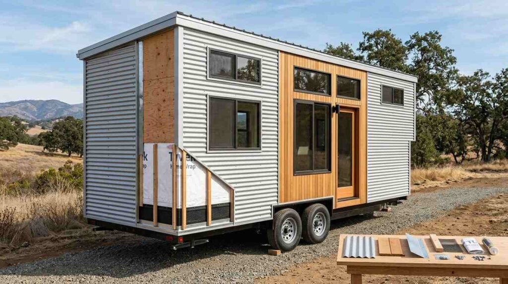 California tiny home on wheels with lightweight corrugated steel and cedar cladding, ventilated rainscreen, weather barrier, flashing and wildfire-conscious exterior detailing.