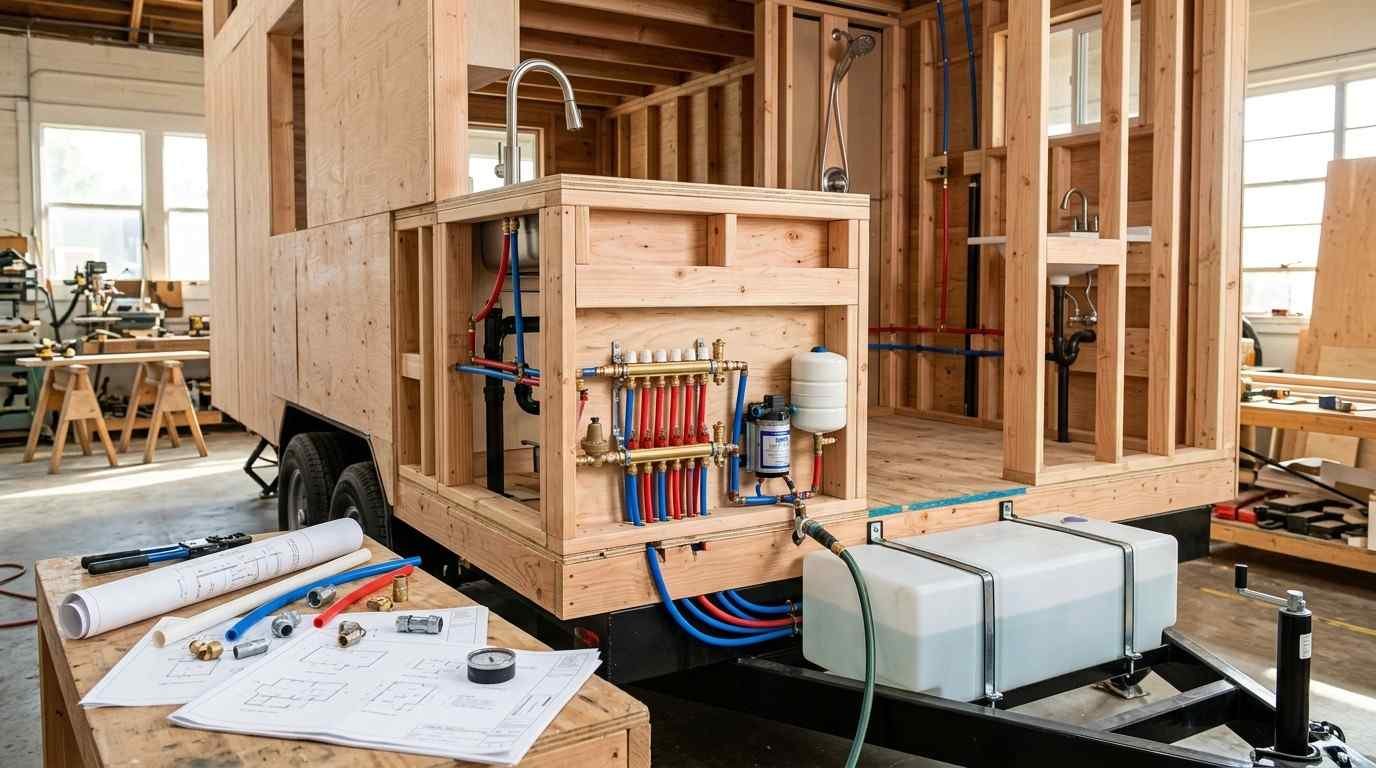Tiny home plumbing system showing a fresh-water tank, dual city-water connection, demand pump, accumulator, pressure regulator, PEX supply lines and professionally installed fixtures.