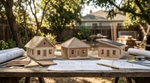 Miniature architectural models comparing gable, hip, and shed roof designs for ADUs on outdoor workbench