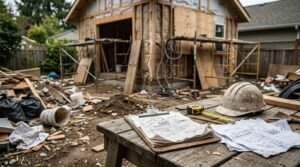 Disorganized blueprints, measuring tape, and dusty hard hat on workbench overlooking unfinished ADU construction and debris