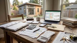 Home office desk with financial spreadsheets on laptop, rental documents, and cash overlooking a backyard ADU