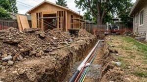 Trench excavation with plumbing drain pipes and utility lines connecting to a backyard ADU under construction
