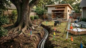 Underground utility conduit trench routed around tree roots toward backyard ADU construction