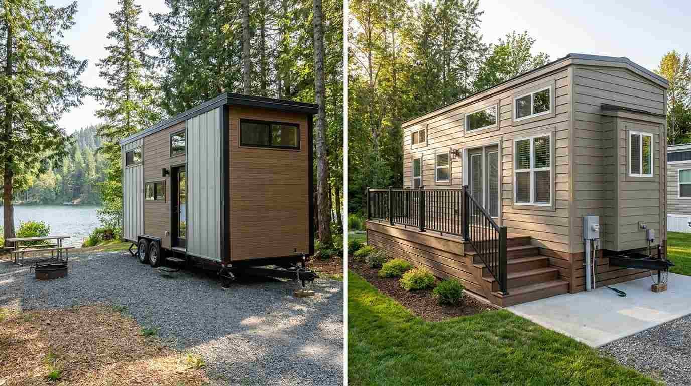 Side-by-side comparison of a tiny home on wheels and a foundation-based tiny home, highlighting different certification and classification considerations.
