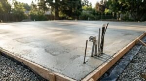 Freshly poured and finished concrete slab foundation for an ADU with wood formwork, gravel border, rebar, and protruding utility rough-in pipes.