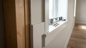 Custom window trim and casing installation with spirit level showing construction craftsmanship