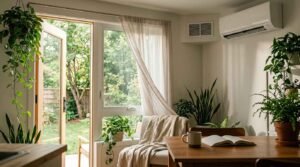 Ductless mini-split indoor air handler and wall vent in a sunlit living room with open patio doors and house plants
