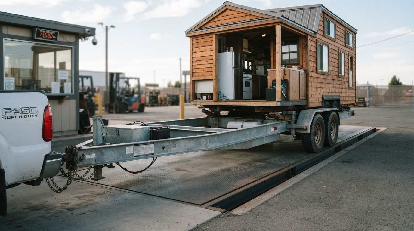 Tiny home on wheels being safely towed through a California mountain route with stable trailer alignment, inspected tires and hubs, secure hitch connections and controlled spacing.