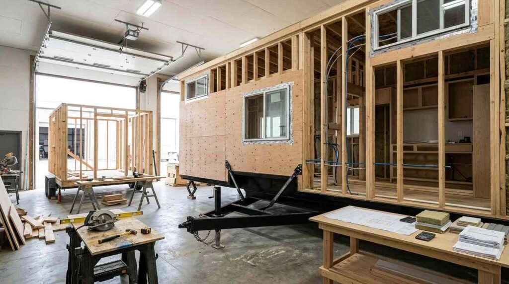 Tiny home on wheels under construction showing professional structural craftsmanship, organized systems, and a separate DIY work area with tools and materials for comparison.