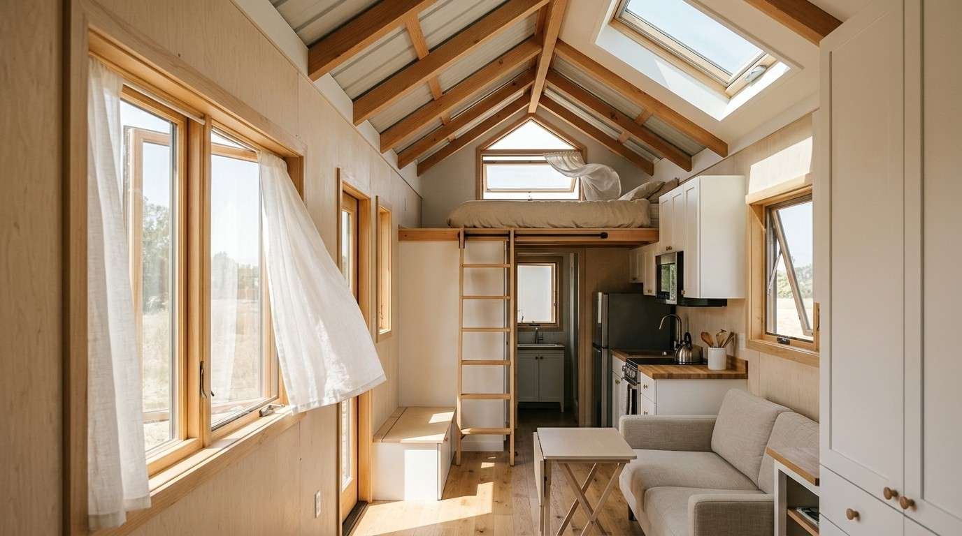 Tiny home interior showing strategically placed windows for cross-ventilation, daylight, loft egress and natural stack-effect cooling.