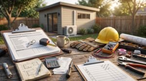 Preventative maintenance checklist, repair tools, and yellow hard hat on workbench facing backyard ADU with mini-split heat pump