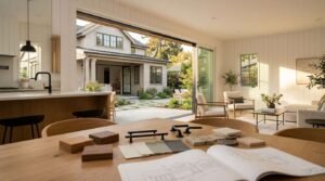 Architectural ADU design blueprints, finish swatches, and hardware on table overlooking modern backyard patio